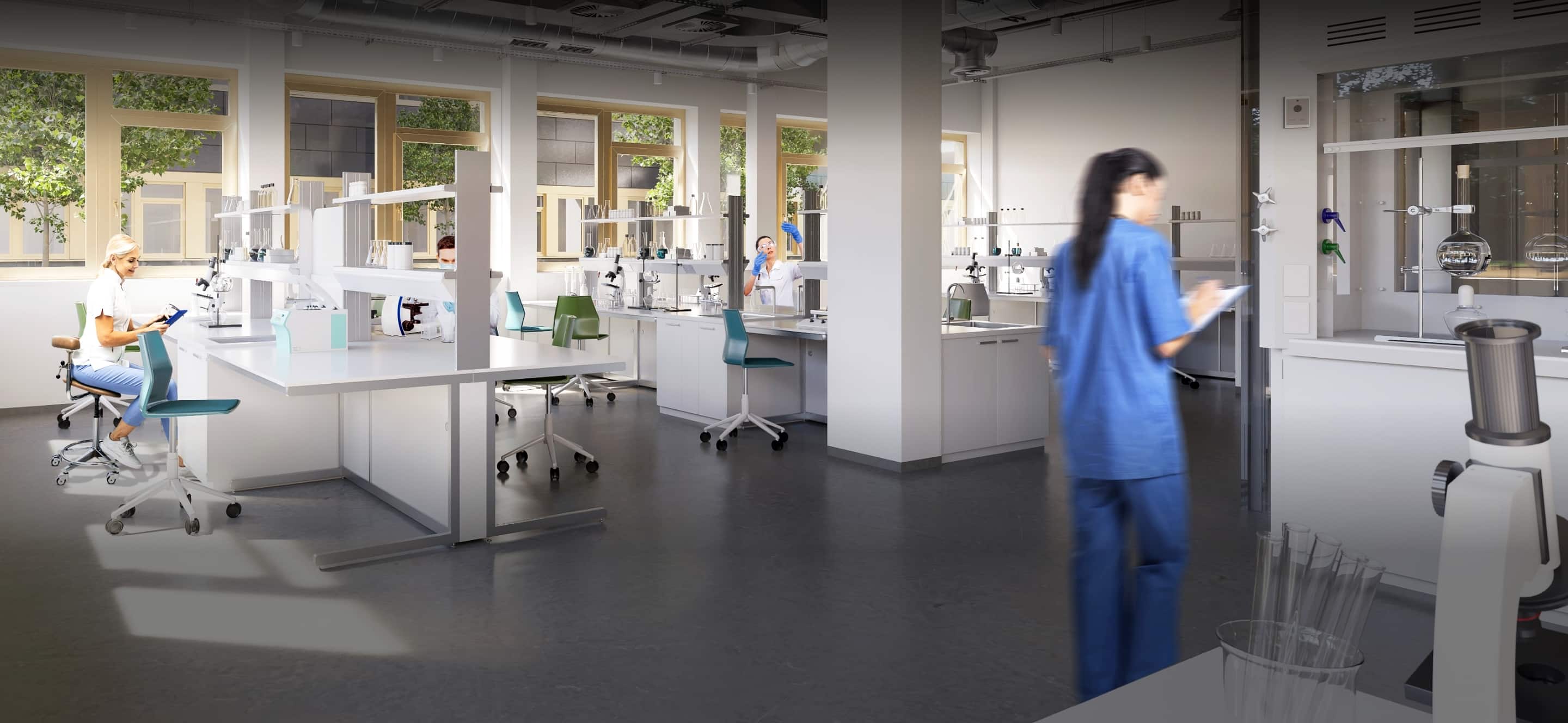 Bild eines Laborbereiches mit mehreren Laboranten welche arbeiten